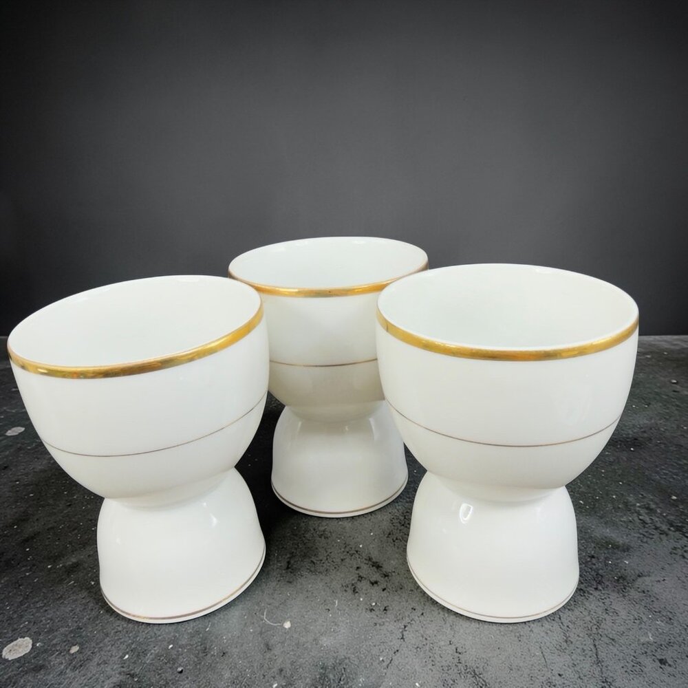 Vintage Japanese Fine Porcelain Egg Cup Holder Set 3 Fish Marks Gold Trim Edges